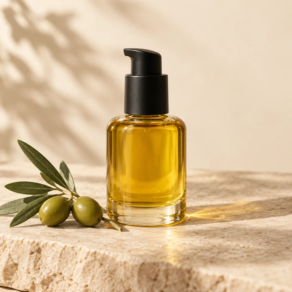 Zeytin dalı ve altın renkli bakım yağı